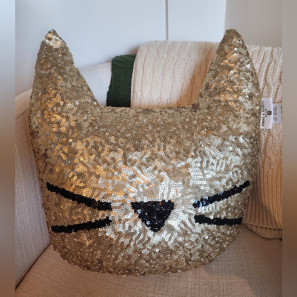 Pottery Barn Teen Emily & Merritt Sequin Cat Pillow, Gold and Black